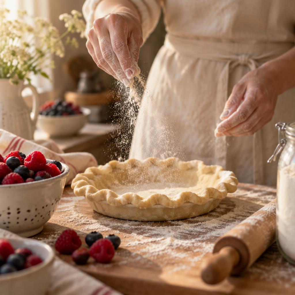 Flour being dusted over a pie crust on a floured wooden board, with bowls of berries nearby.